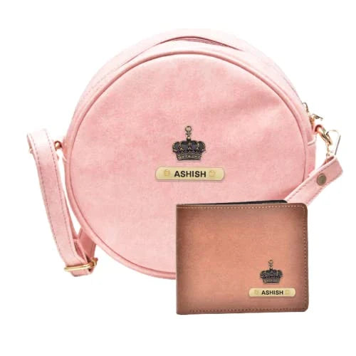 Classy Leather Customized Chained Sling Bag Round + Men's Wallet - Light Pink Brown