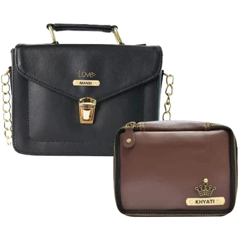 Customized Women's Buttoned Leather Bag + Mini Make up Kit - Black Brown