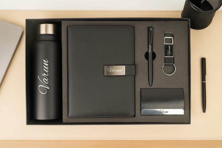 Classy Metal Flip Diary + Classic Metal Pen + Classy Leather Metal Keychain +Classy Card Holder + Classic Smart Bottle - Black