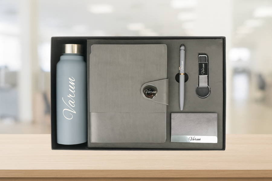 Nexon Flip Diary + Nexon Metal Pen + Classy Leather Metal Keychain +Classy Card Holder + Classic Smart Bottle - GREY