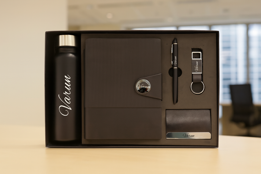 Nexon Flip Diary + Nexon Metal Pen + Classy Leather Metal Keychain +Classy Card Holder + Classic Smart Bottle -BLACK