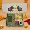 "Personalized Diwali Gift Hamper 2.0-GREEN “Dual Shade Diary, Metal Keychain, Om Brass Bell, Laxmi Ganesh Diya, Almond Jar & Shubh Labh Latkan – Festive Gift Box”
