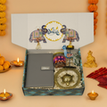 "Personalized Diwali Gift Hamper 4.0-GREY✨ Metal Flip Diary, Kacchua with Glass Plate Lucky Charm, Peacock Tea Light Candle, Shubh Labh Latkan, Almond Jar & Designer Box | Festive Gift Hamper 🎁