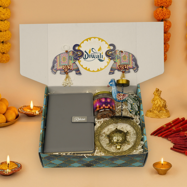 "Personalized Diwali Gift Hamper 4.0-GREY✨ Metal Flip Diary, Kacchua with Glass Plate Lucky Charm, Peacock Tea Light Candle, Shubh Labh Latkan, Almond Jar & Designer Box | Festive Gift Hamper 🎁
