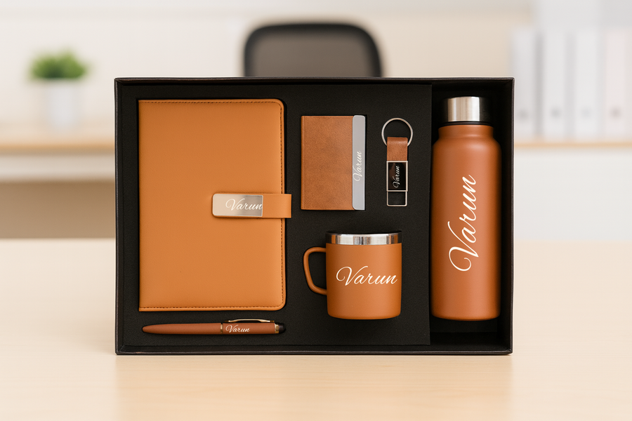 Classy Metal Flip Diary + Classic Metal Pen + Classy Leather Metal Keychain + Classy Card Holder + Classic Smart Bottle  + Stainless Steel Mug - TANN
