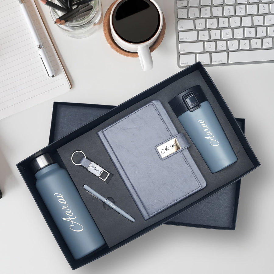Classy Executive Diary + Classic Metal Pen + Classy Leather Metal Keychain + Classic Smart Bottle  + Stainless Steel Travell Mug - Grey