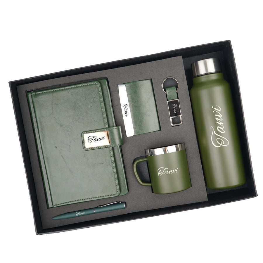 Classy Executive Diary + Classic Metal Pen + Classy Leather Metal Keychain + Classy Card Holder + Classic Smart Bottle  + Stainless Steel Mug - Green