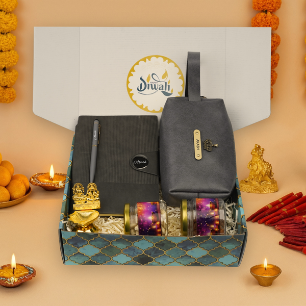 "Personalized Diwali Gift Hamper 10.0-GREY✨ Nexon Gift Hamper – Flip Diary, Pen, Pouch, Laxmi Ganesh Metal Diya, Almond & Kaju Jars, Designer Box | Festive & Corporate Gifting 🎁