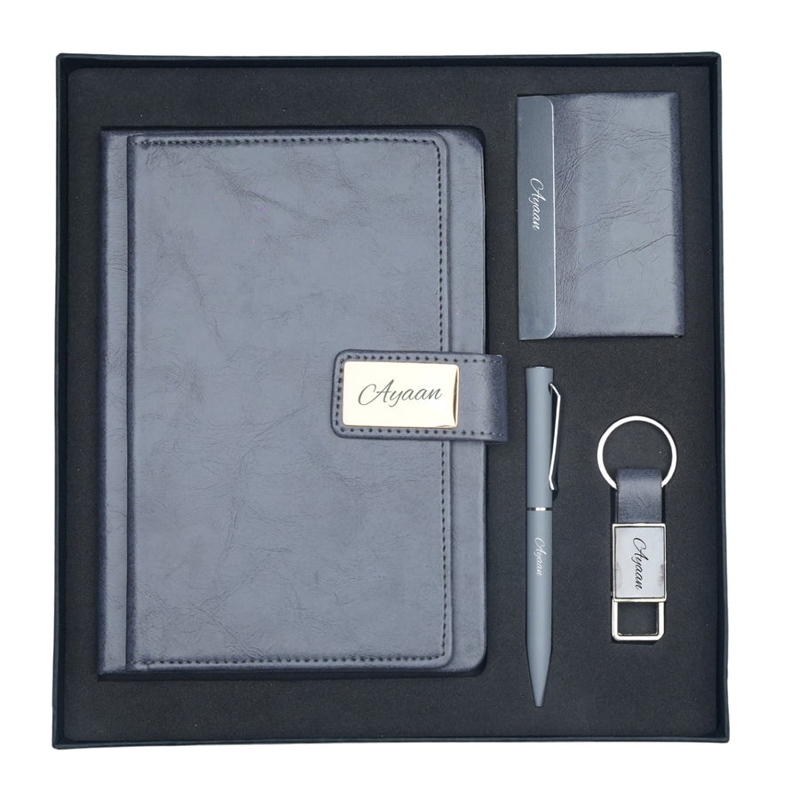 Classy Executive Diary + Classic Metal Pen + Classy Leather Metal Keychain + Classy Card Holder - Grey