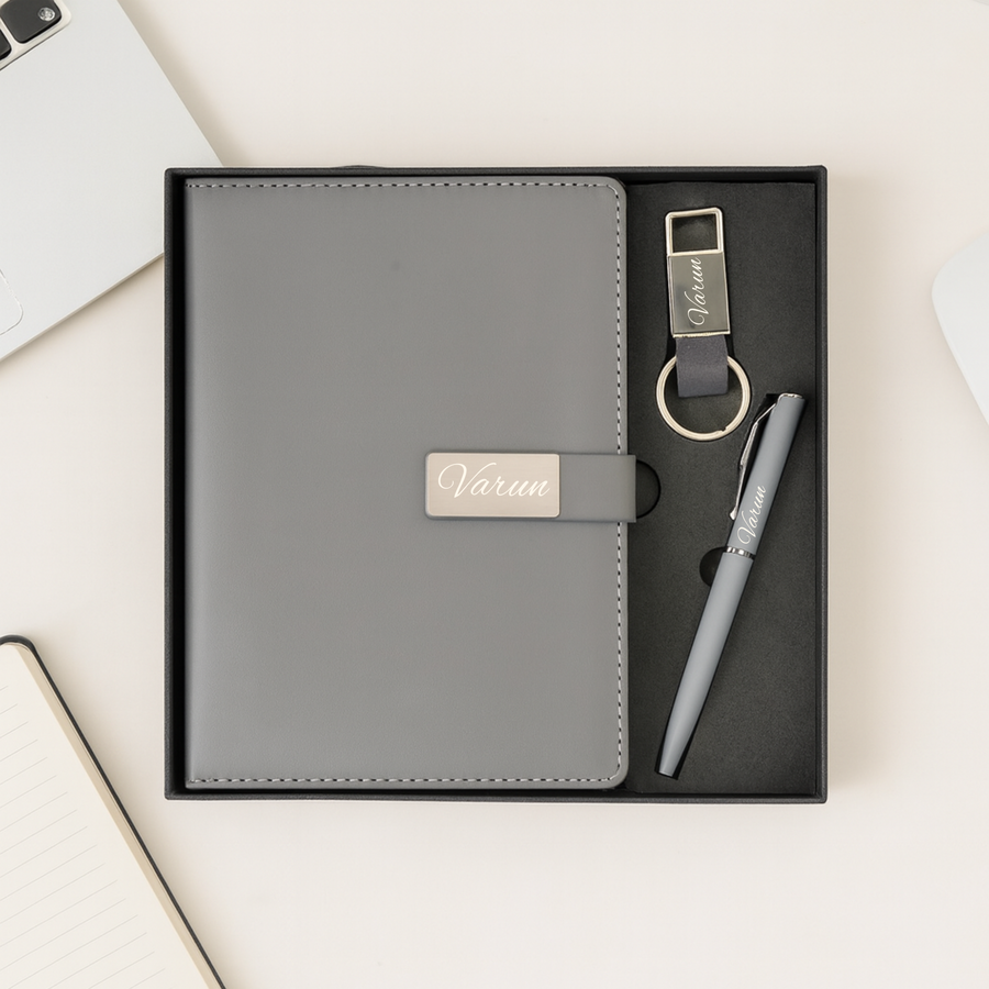 Classy Metal Flip Diary + Classic Nexon Pen + Classy Leather Metal Keychain- GREY