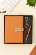 Classy Metal Flip Diary + Classic Nexon Pen + Classy Leather Metal Keychain- TAN