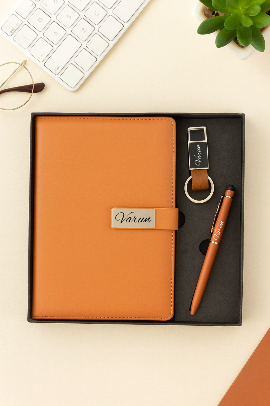 Classy Metal Flip Diary + Classic Nexon Pen + Classy Leather Metal Keychain- TAN