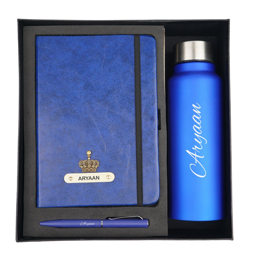 Classy Hardcover Diary + Classic Metal Pen + Classic Smart Bottle - Blue