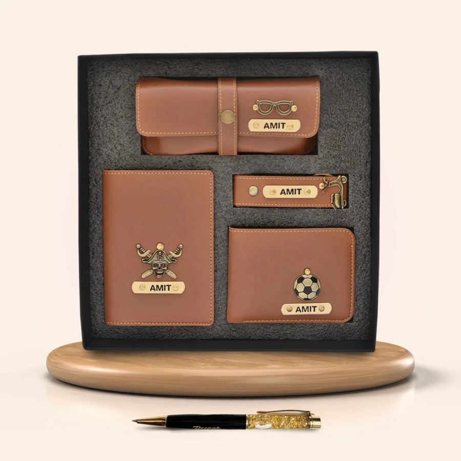 Personalised Pen &  All in One Men's Combo (4 pcs) - Tan