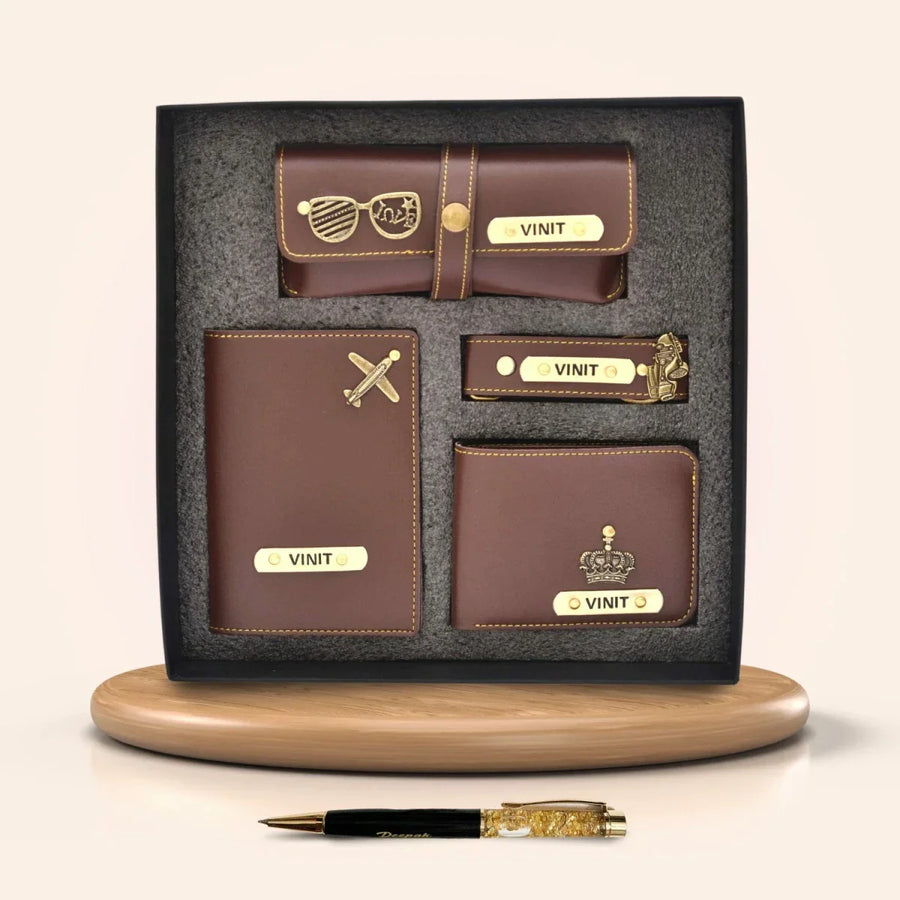 Personalized Pen & All in One Men's Combo (4 pcs) - Brown