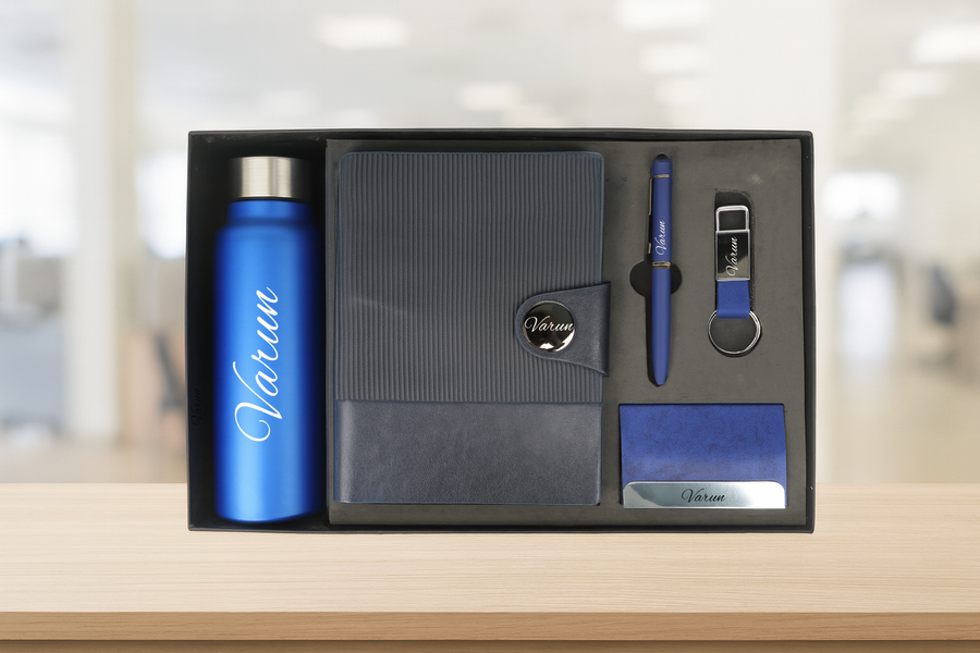 Nexon Flip Diary + Nexon Metal Pen + Classy Leather Metal Keychain +Classy Card Holder + Classic Smart Bottle - BLUE