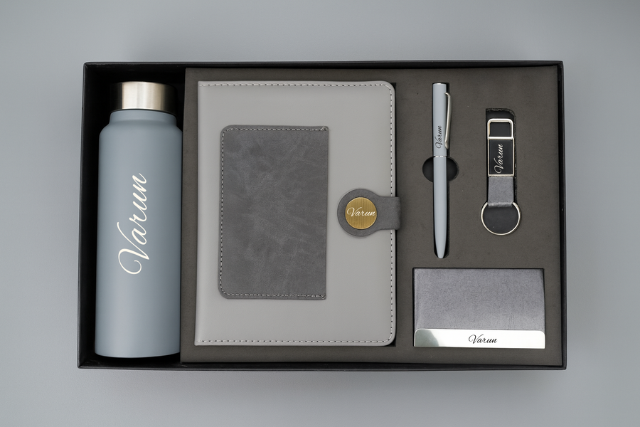 Dual Shade Diary + Classic Metal Pen + Classy Leather Metal Keychain +Classy Card Holder + Classic Smart Bottle - GREY