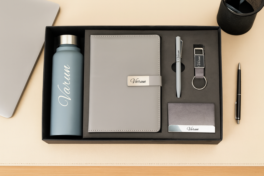 Classy Metal Flip Diary + Nexon Metal Pen + Classy Leather Metal Keychain +Classy Card Holder + Classic Smart Bottle - GREY