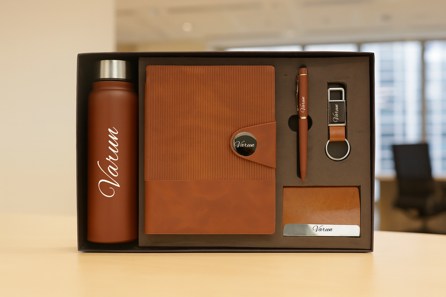 Nexon Flip Diary + Nexon Metal Pen + Classy Leather Metal Keychain +Classy Card Holder + Classic Smart Bottle - BROWN