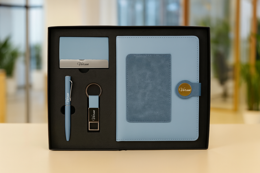 Dual Shade Diary + Classic Metal Pen + Classy Leather Metal Keychain +Classy Card Holder - BLUE