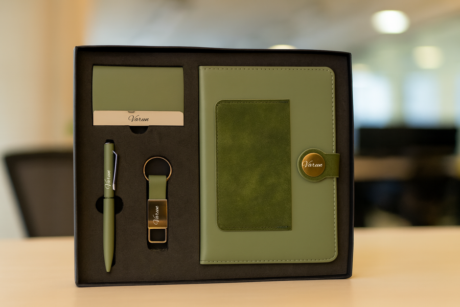 Dual Shade Diary + Classic Metal Pen + Classy Leather Metal Keychain +Classy Card Holder - GREEN