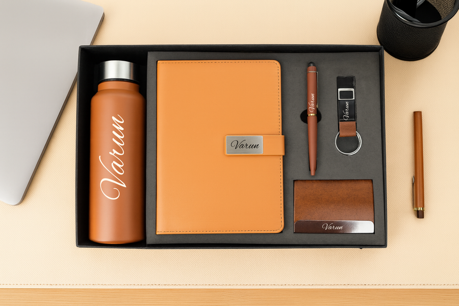 Classy Metal Flip Diary + Nexon Metal Pen + Classy Leather Metal Keychain +Classy Card Holder + Classic Smart Bottle - TAN