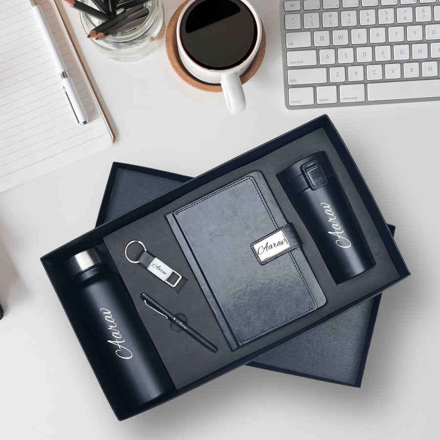 Classy Executive Diary + Classic Metal Pen + Classy Leather Metal Keychain + Classic Smart Bottle  + Stainless Steel Travell Mug - Black