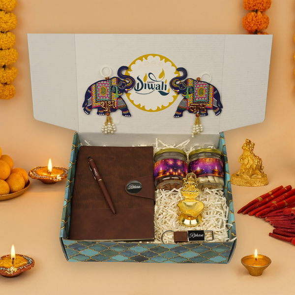 "Personalized Diwali Gift Hamper 3.0-BROWN✨ Nexon Flip Diary, Brass Pen, Metal Keychain, Laxmi Ji Diya, Shubh Labh Latkan, Kaju & Almond Jars, Designer Box | Festive & Corporate Gift Hamper 🎁