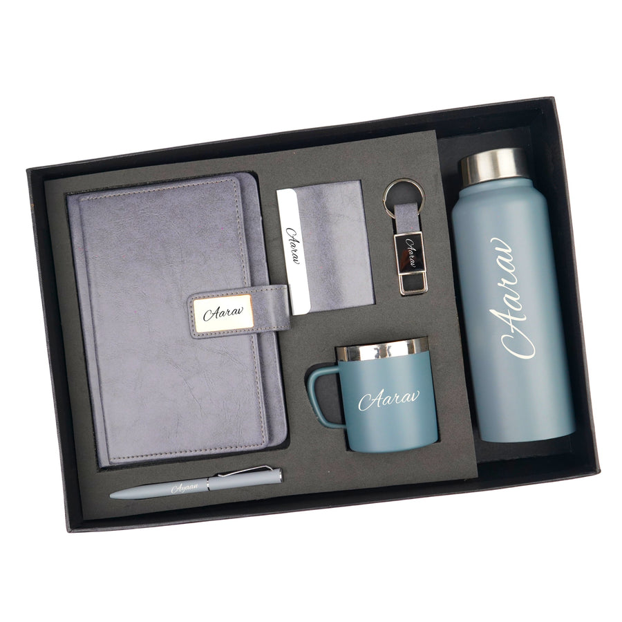 Classy Executive Diary + Classic Metal Pen + Classy Leather Metal Keychain + Classy Card Holder + Classic Smart Bottle  + Stainless Steel Mug - Grey