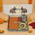 "Personalized Diwali Gift Hamper 4.0-TAN✨ Metal Flip Diary, Kacchua with Glass Plate Lucky Charm, Peacock Tea Light Candle, Shubh Labh Latkan, Almond Jar & Designer Box | Festive Gift Hamper 🎁