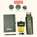 Classy Hardcover Diary + Classic Metal Pen + Classy Leather Metal Keychain + Classic Smart Bottle  +  Leather Sleeve Coffee Tumbler -Green