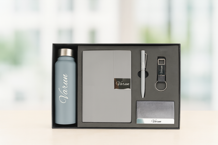 Nexon Diary + Classic Metal Pen + Classy Leather Metal Keychain +Classy Card Holder + Classic Smart Bottle - GREY