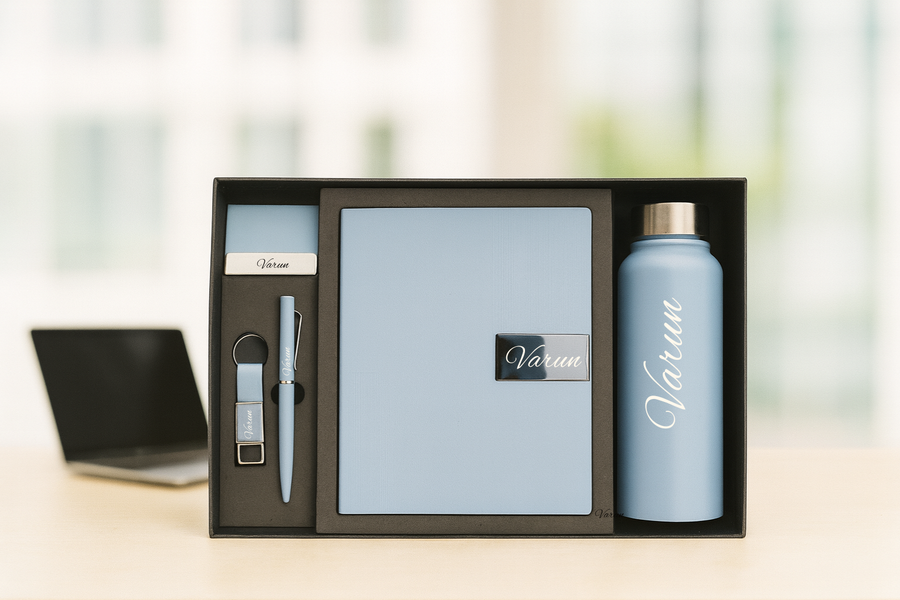 Nexon Diary + Classic Metal Pen + Classy Leather Metal Keychain +Classy Card Holder + Classic Smart Bottle - BLUE