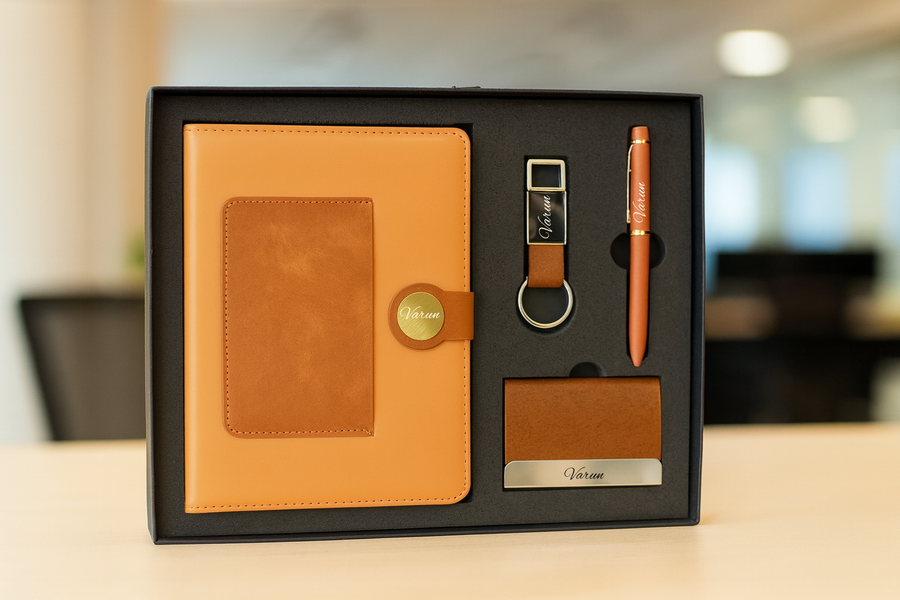 Dual Shade Diary + Classic Metal Pen + Classy Leather Metal Keychain +Classy Card Holder- BROWN
