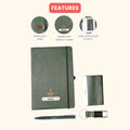 Classy Hardcover Diary + Classic Metal Pen + Classy Leather Metal Keychain + Classy Card Holder - Green