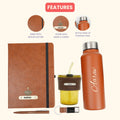 Classy Hardcover Diary + Classic Metal Pen + Classy Leather Metal Keychain + Classic Smart Bottle  +  Leather Sleeve Coffee Tumbler -TAN
