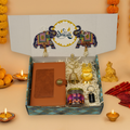 "Personalized Diwali Gift Hamper 2.0-BROWN “Dual Shade Diary, Metal Keychain, Om Brass Bell, Laxmi Ganesh Diya, Almond Jar & Shubh Labh Latkan – Festive Gift Box”