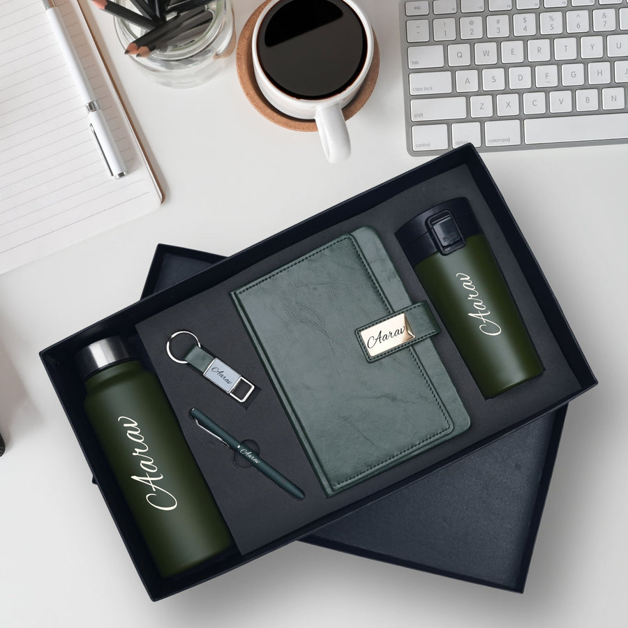 Classy Executive Diary + Classic Metal Pen + Classy Leather Metal Keychain + Classic Smart Bottle  + Stainless Steel Travell Mug - Green