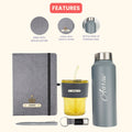 Classy Hardcover Diary + Classic Metal Pen + Classy Leather Metal Keychain + Classic Smart Bottle  +  Leather Sleeve Coffee Tumbler -Grey