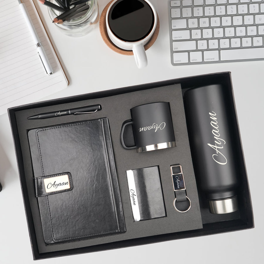 Classy Executive Diary + Classic Metal Pen + Classy Leather Metal Keychain + Classy Card Holder + Classic Smart Bottle  + Stainless Steel Mug - Black