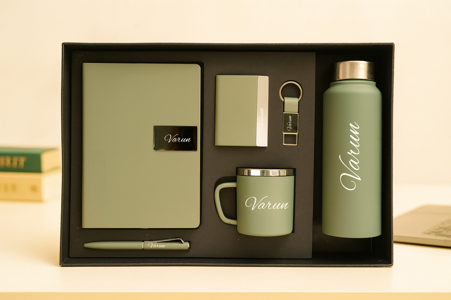 Nexon  Diary + Nexon Metal Pen + Classy Leather Metal Keychain + Classy Metal Card Holder + Classic Smart Bottle  + Stainless Steel Mug - GREEN