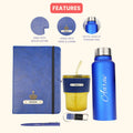 Classy Hardcover Diary + Classic Metal Pen + Classy Leather Metal Keychain + Classic Smart Bottle  +  Leather Sleeve Coffee Tumbler -Blue