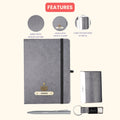 Classy Hardcover Diary + Classic Metal Pen + Classy Leather Metal Keychain + Classy Card Holder - Grey