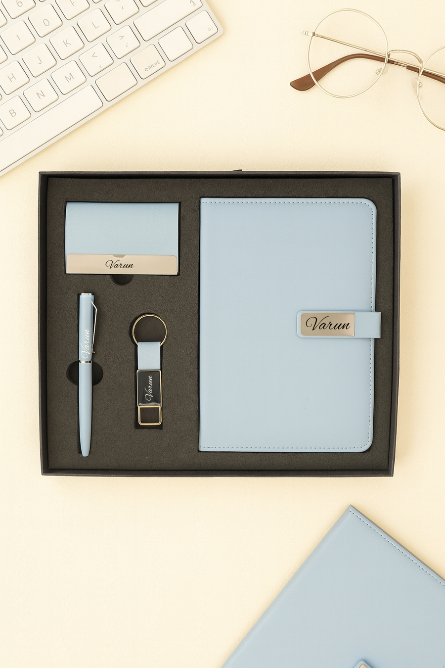 Classy  Metal Flip Diary + Classic Metal Pen + Classy Leather Metal Keychain +Classy Card Holder - BLUE