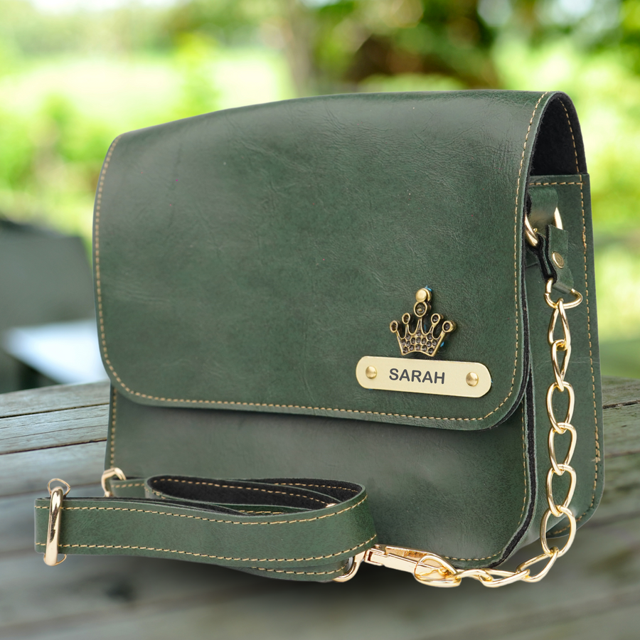 Personalized Nexon Leather Chained Sling Bag - Olive Green