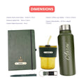 Classy Hardcover Diary + Classic Metal Pen + Classy Leather Metal Keychain + Classic Smart Bottle  +  Leather Sleeve Coffee Tumbler -Green