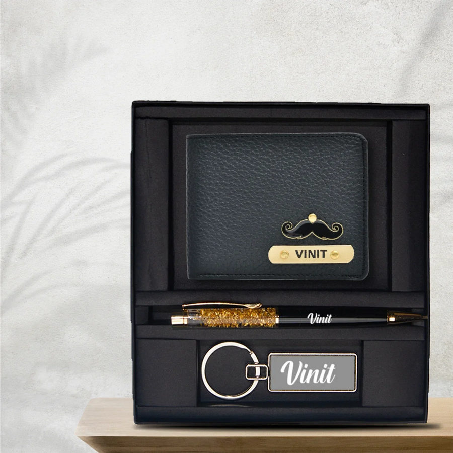 Personalised Genuine Leather Wallet + Pen & keychain Combo - Black