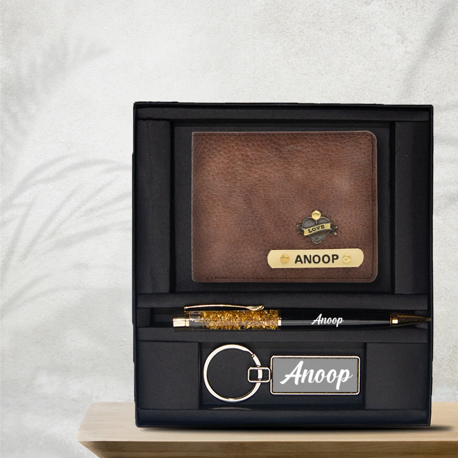 Personalised Genuine Leather Wallet + Pen & keychain Combo - Brown