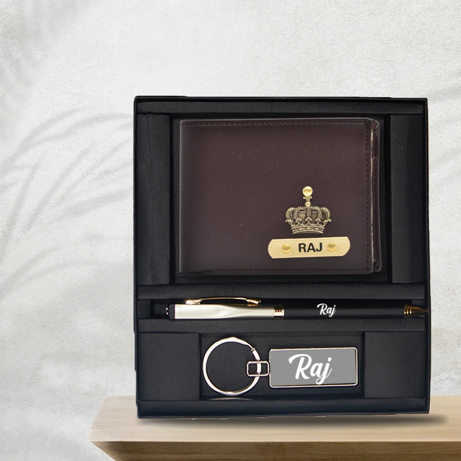 Personalised Premium Leather Wallet + Pen & keychain Combo - Brown