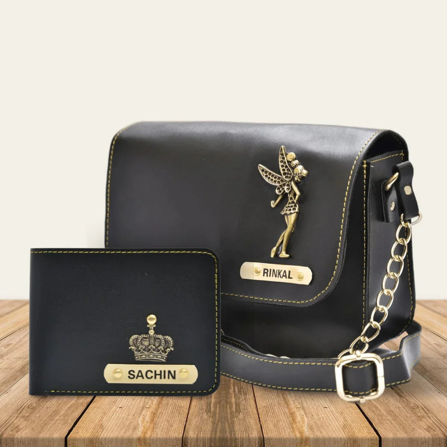 Personalized Couple's Combo : Chained Sling Bag ( Product 1 ) & Men's Wallet (Product 2) - Black